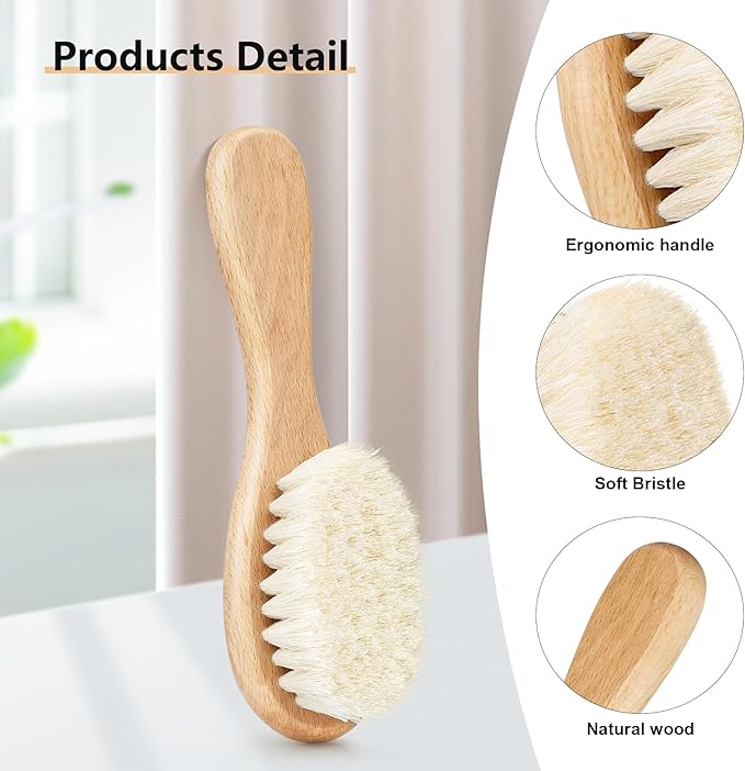 Baby Hair Brush, Wooden Baby Hair Brush for Newborns & Toddlers, Super Soft Goat Bristles Hair Brush, Toddler Hair Brush,Ideal for Cradle Cap (2PCS)