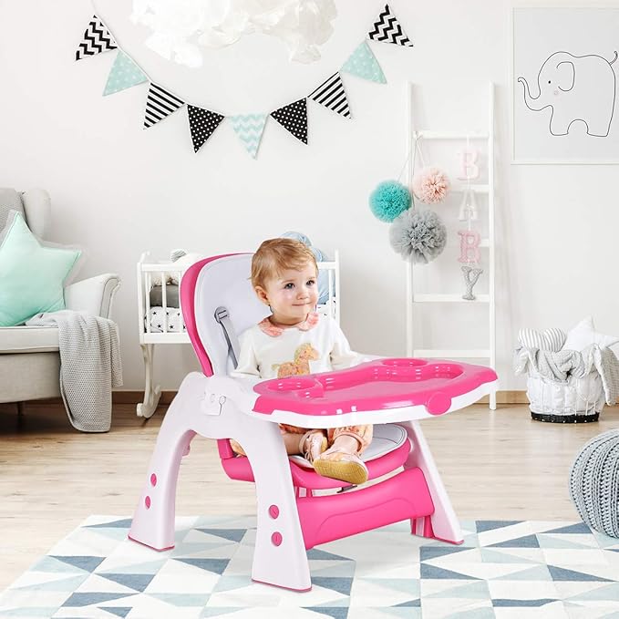 Costzon Baby High Chair, 3 in 1 Infant Table and Chair Set, Convertible Booster Seat with 3-Position Adjustable Feeding Tray, Adjustable Seat Back, 5-Point Harness (Pink)