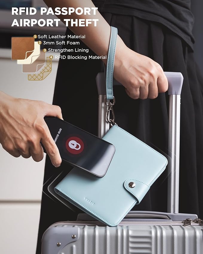 VULKIT Airtag Passport Holder for Travel, RFID Blocking Travel Wallet, Passport Cover for Family with Luggage Tag & Wrist Strap, Holds ID Card, 6+ Cards, Tickets, Cash, Coin, Blue, Family 4 persons
