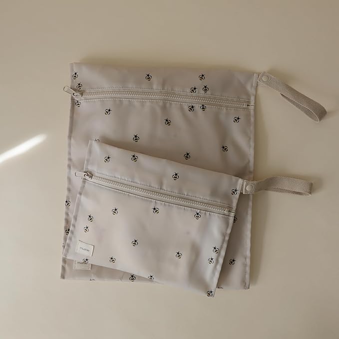 mushie Water Resistant Wet Bags | Large & Small Reusable Storage Bag for Baby Items and Travel | Zippered Pockets with Handle | Machine Washable, Set of 2 (Bees)