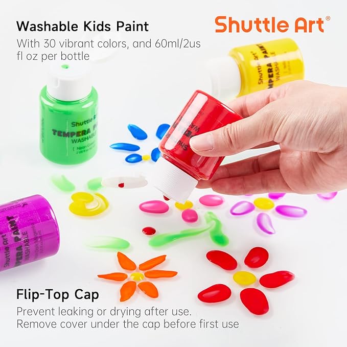 Shuttle Art Tempera Paint, 30 Colors Washable Paint for Kids, 2oz/60ml Bottle, Non-toxic for Toddlers with Glitter Metallic Neon Colors, For Art, Crafts and School Projects