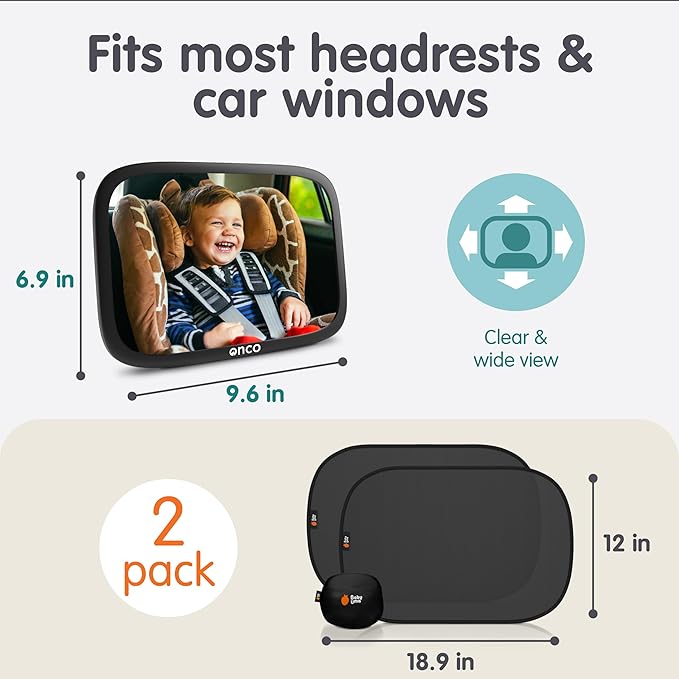 Onco Baby Car Mirror & Car Window Shades Bundle (18.9″ × 12″) - UPF 50+ Window Shade, 100% Shatter-Proof Car Mirror for Baby, Universal Shades & Mirror