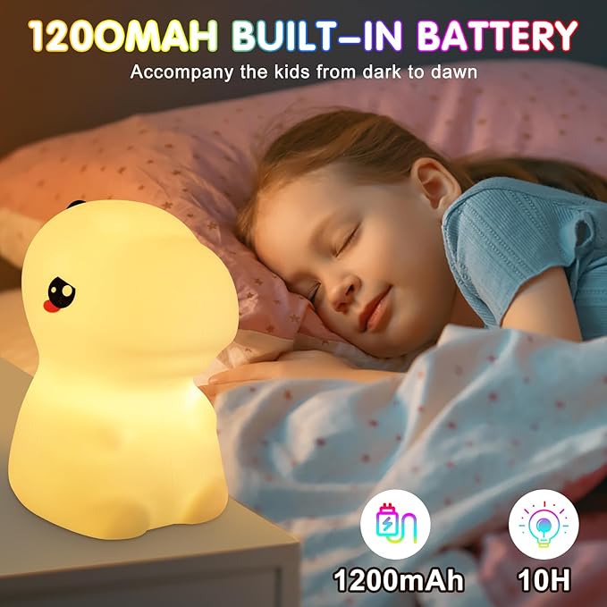 Night Light for Kids, 7 Color Changing BPA-Free Silicone Lamp with Touch Control, Eye Protection, Rechargeable Battery, Soft & Safe Nursery Lamp for Boys & Girls (Dinosaur)
