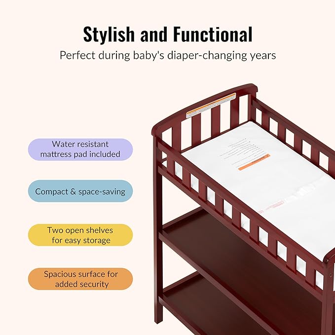 Dream On Me Emily Changing Table, Compact and Portable, Solid New Zealand Pinewood, Safety Rails, Two Storage Shelves, Includes Water-Resistant 1" Changing Pad — Cherry