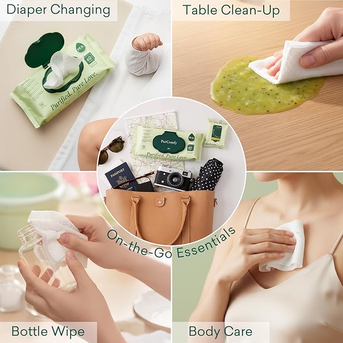 PurComfy Baby Wipes Unscented, 6 Flip-Top Packs + 6 Travel Pack 99.9% Water Wipes with Plant Based, Hypoallergenic for Sensitive Newborn Skin, Total 408 Count Wet Wipes