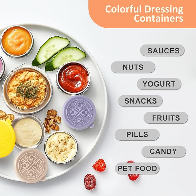 3X1.6-ounce stainless steel salad dressing cup with leak-proof silicone lid, reusable sauce container, seasoning box, lunch box accessory, children's snack dispensing can