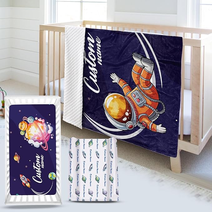 Personalized Baby Crib Bedding Set – Astronaut Rocket Pattern Nursery Bedding Sets 3 Piece with Custom Name Blanket, Fitted Crib Sheet & Changing Pad Cover – Ideal Newborn Gift for Boys