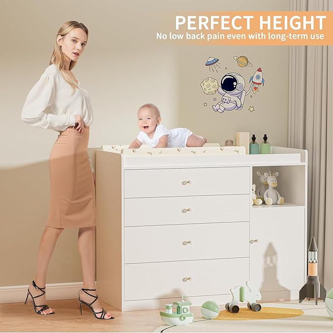 Nursery Dresser Changing Table Dresser with Changing Table Top Baby Diaper Changing Station with 5 Drawers for Infants Chest Storage Changing Station Nursery Organizer,White