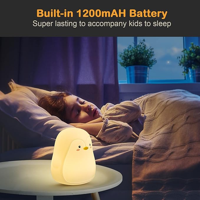Penguin LED Night Light for Kids, Cute Nursery Color Changing Kids Night Light with Tap Control, USB Rechargeable Portable Squishy Silicone Soft Lamp Gifts for Baby Girls Boys Toddler Children Bedroom