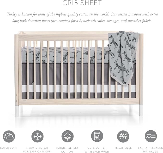 Oilo Crib Sheet, Breathable 100% Turkish Cotton Fitted Jersey, 300 Thread Count, Machine Washable, Fits Standard Crib (28" x 52" x 6"), Toddler Bedding, Gray Zebra