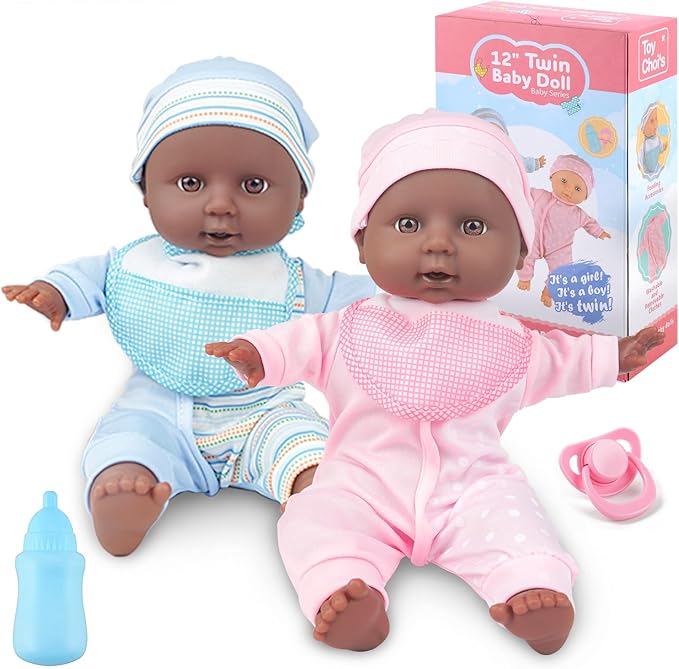 Toy Choi's Twin Baby Dolls - 12 inch Two Soft Black Body Babydoll with Rompers, Hat and Pacifier, Doll Bibs, Dolls Play Set for 2 3 4 5 Year Old Boys and Girls Gift