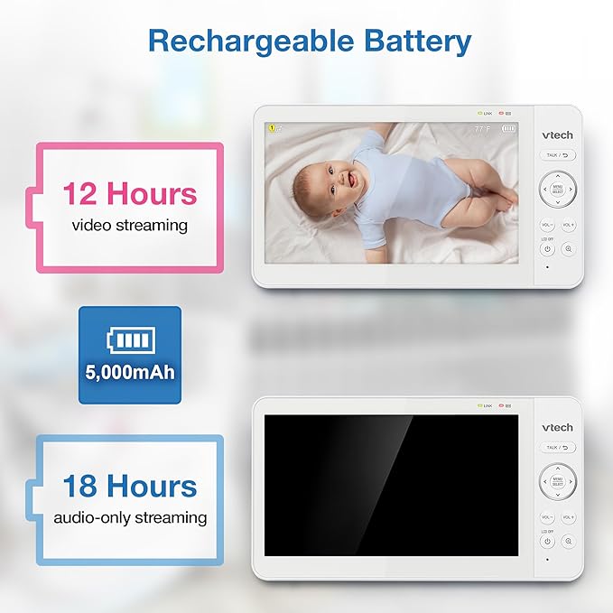 VTech Video Baby Monitor with 7" Color LCD Screen, Portable, Long Battery Life, Clear Audio/Video Quality, Secure Transmission, No Wi-Fi, 2-Way Audio, Temperature Sensor, Travel Monitor: 819 Max