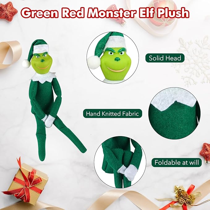 12.6'' Red Christmas Monster Plush Toy, Christmas Stuffed Figures Doll for Kids and Christmas Tree Home Decorations(Green)