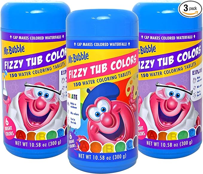 Mr. Bubble Fizzy Tub Colors Bath Water Coloring Tabelets, 6 Bright Colors, Red, Orange, Yellow, Purple, Blue and Green, Fragrance Free, Cap Makes Colorful Waterfall (3 Jars, 150 Tablets Each)