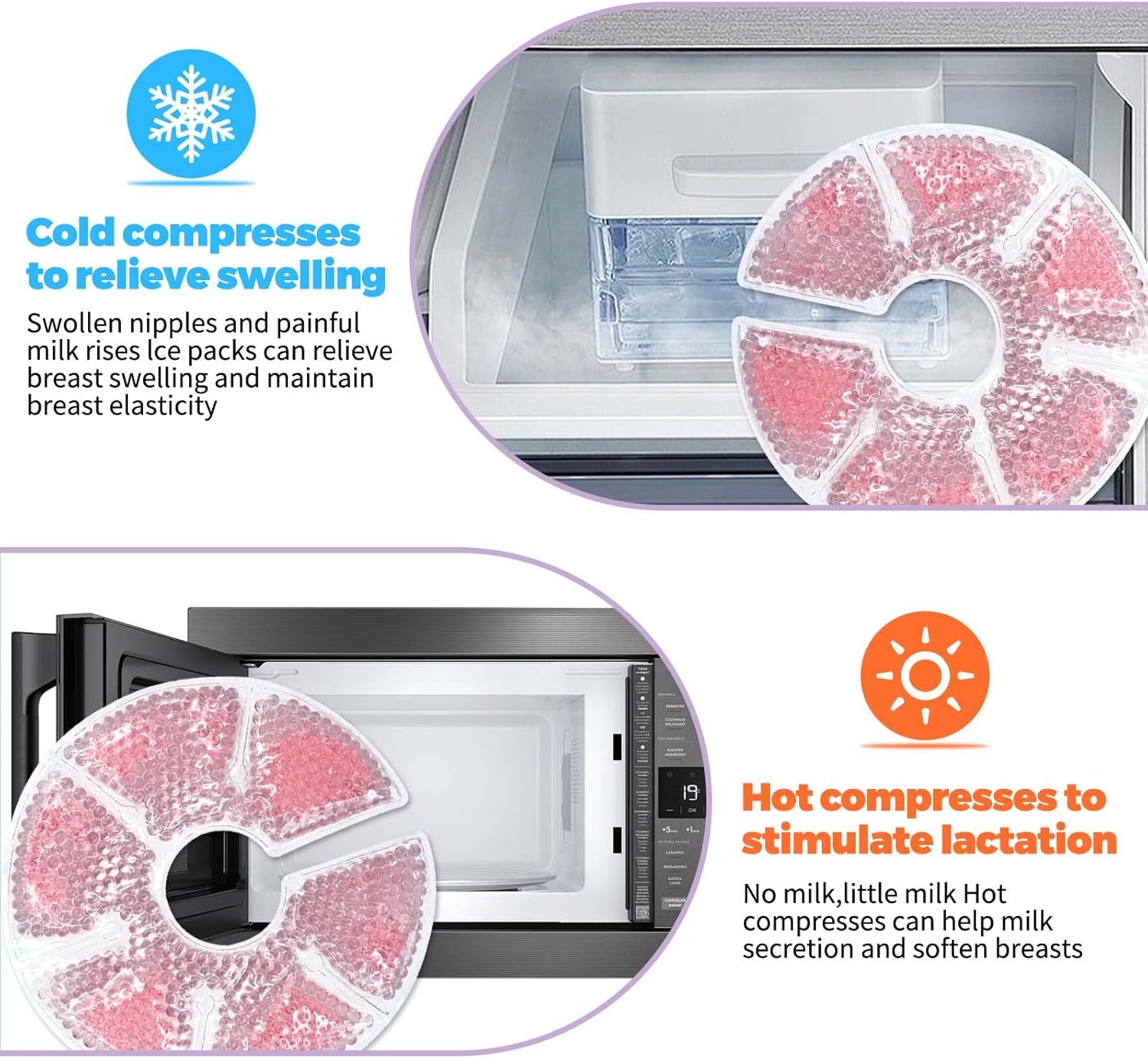 Breast Therapy Ice Packs, Hot and Cold Breast Pads, Breastfeeding Essentials Large Gel Bead Packs for Moms, 2 Pack (Pink, M)