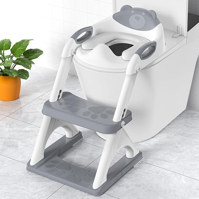 SKYROKU Potty Training Seat for Toddlers – 2-in-1 Adjustable Potty Ladder with Step Stool, Anti-Slip Cushion, Splash Guard & Extra-Wide Pedals, Supports 200+ lbs, Ideal for Boys & Girls