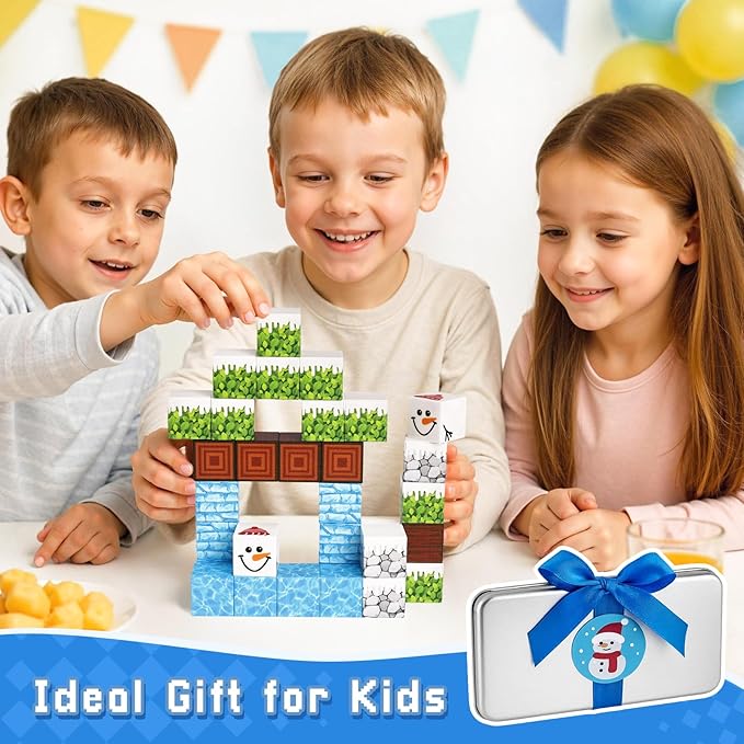 3 otters 32PCS Magnetic Blocks, STEM Toys for Kids Travel Magnetic Tiles with Storage Box for Kids Party Birthday Gift (Winter)