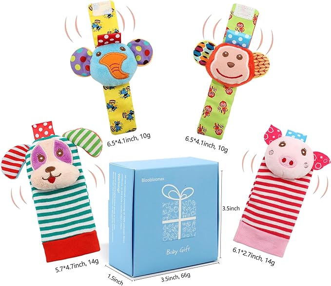 Infant Rattle Socks Toys 0 to 12 Months, Baby Wrist Rattle Foot Finder Socks Set, Birthday Holiday Present for Newborn Boy Girl 0/3/4/6/7/8/9/12/18 Months Kids Toddler, Gift Box Package (4A)