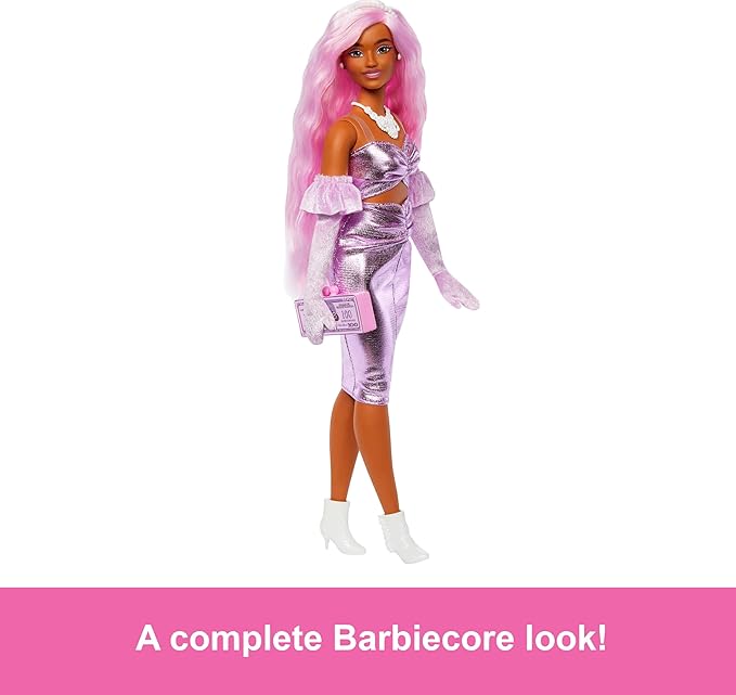 Barbie Deluxe Style Doll #1 in Barbiecore Outfit, Pink Hair and Glossy Pink Dress with Accessories Like Velvet Gloves, Money Purse, and More
