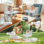 Tiny Marvels Portable 3-in-1 Baby Booster Seat, Cozy Floor Seat, Feeding Seat with Tray, Compact Foldable Toddler Booster with Child Safety Belt Carry Bag, Perfect for Travel (Cream Confetti)