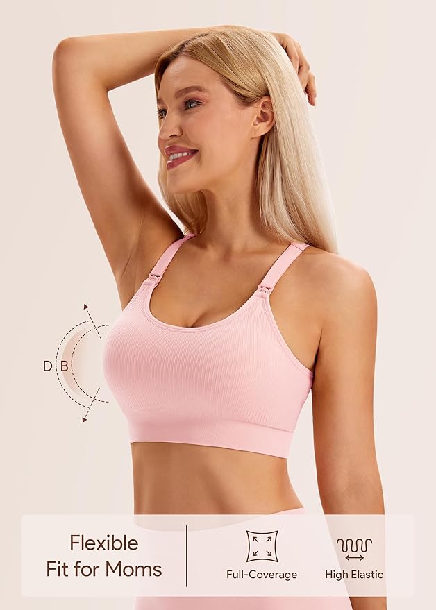 Angelhood Nursing Bras for Breastfeeding, Ribbed Nursing Sports Bra Yoga Maternity Bras Pregnancy Sleep Bralette