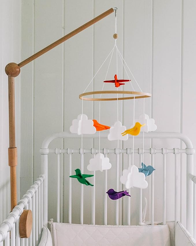 Baby Crib Mobile – Wooden Hanging Nursery Mobile for Bassinet, Baby Nursery Decor for Boys & Girls, Perfect for Shower Gift (Rainbow Birds in The Clouds, w/Garland) Sorrel + Fern