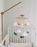 Baby Crib Mobile – Wooden Hanging Nursery Mobile for Bassinet, Baby Nursery Decor for Boys & Girls, Perfect for Shower Gift (Rainbow Birds in The Clouds, w/Garland) Sorrel + Fern