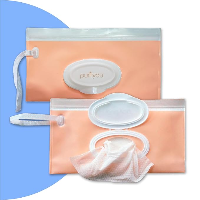 purifyou Portable Baby Wipe Case Travel Holder – Refillable Wipe Dispenser Pouches, Keeps Wipes Fresh & Moist, Lightweight, Durable, for Car, Diaper Bag, Stroller, Home & Travel (Set of 2, Pink)