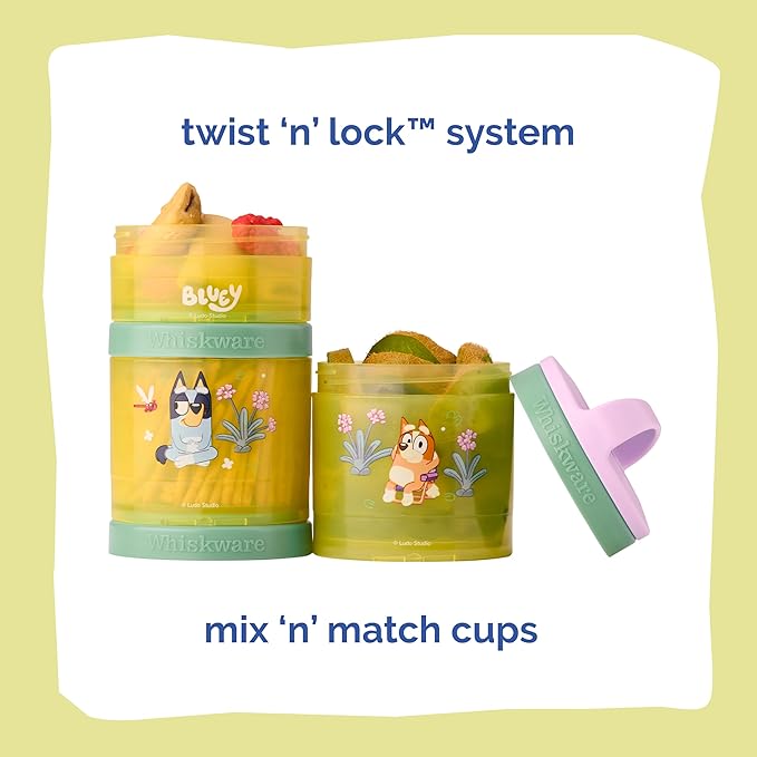 Whiskware Bluey Stackable Snack Containers for Kids and Toddlers, 3 Stackable Snack Cups for School and Travel, Bluey and Bingo, So Relaxing!
