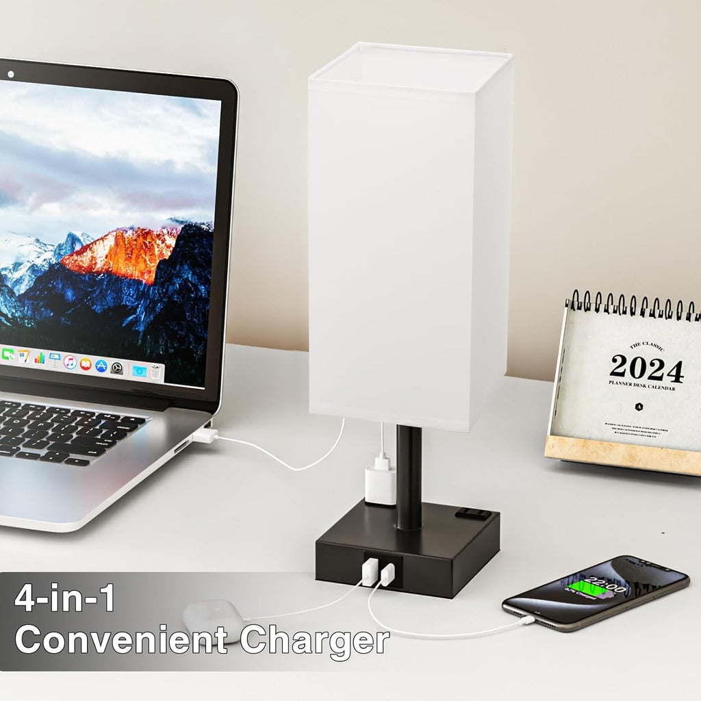 Touch Bedside Table Lamp for Nightstand - 3-Way Dimmable Night Lamp with USB A + Type C Charging Ports and Two AC Outlets, Small Desk Light with E26 LED Bulb for Bedroom Living Room,White Black