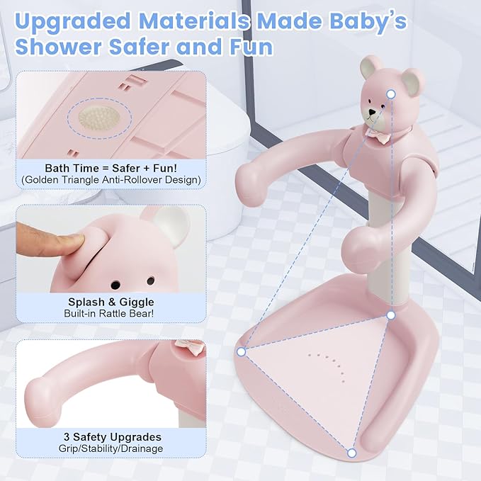 Adjustable Baby Shower Stand with Slip Base,Huggable Bear Bathing Support,Portable Shower Baby Stand,Bath Standing Shower, Baby Bath Seat(Pink)
