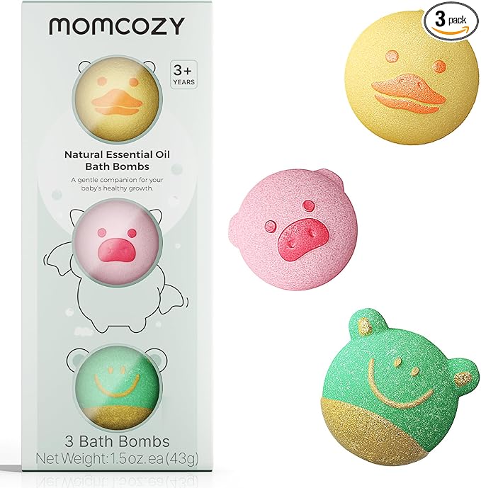 Momcozy Natural Essential Oil Bath Bombs,3 Pcs Bubble Bath Fizzy Balls with 3 Cute Shapes,Bath Bombs Gift Set for Kids Girls Boys Toddler, Ideal Gift for Birthday, Bath Bomb Kit