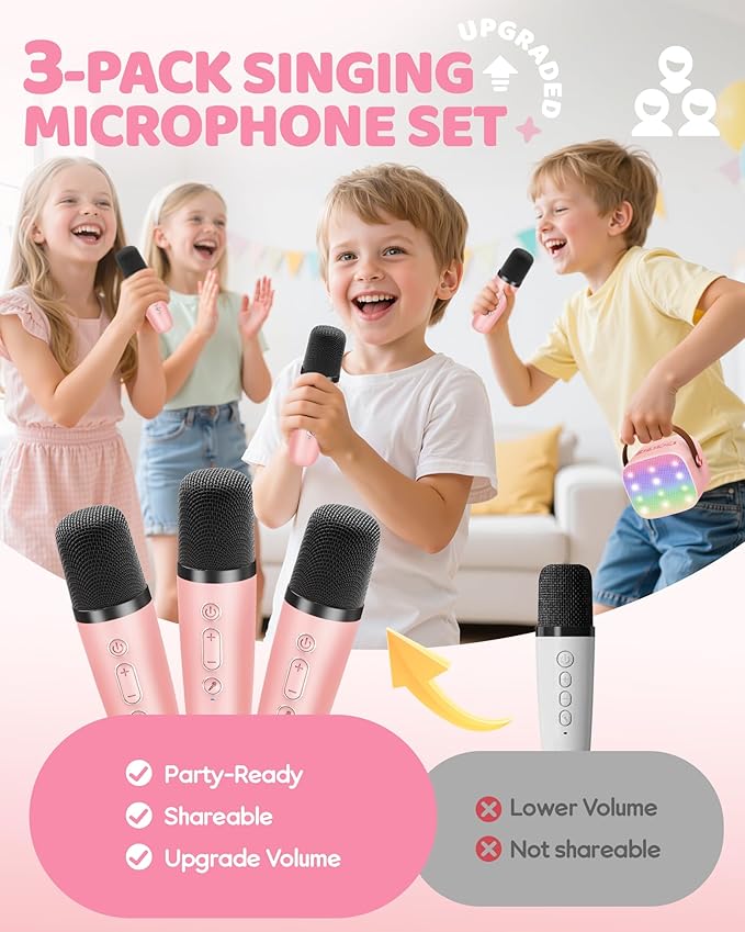 YLL Mini Karaoke Machine for Kids Adults: Portable Loud Speaker with 3 Wireless Microphones -Most Popular Birthday Party Gifts for Girls Boys 3, 4, 5, 6, 7, 8, 9, 10+ Year Old Toys Party (Pink-3 Mics)