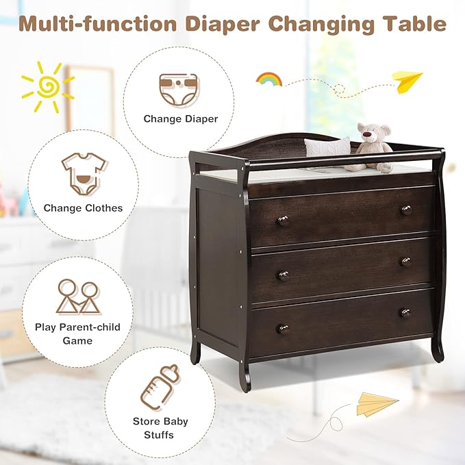 Costzon 3-Drawer Changing Table, Infant Diaper Changing Station with Drawers, Safety Rails & Strap, Baby Changing Table Dresser for Nursery, Easy Assembly (Brown)