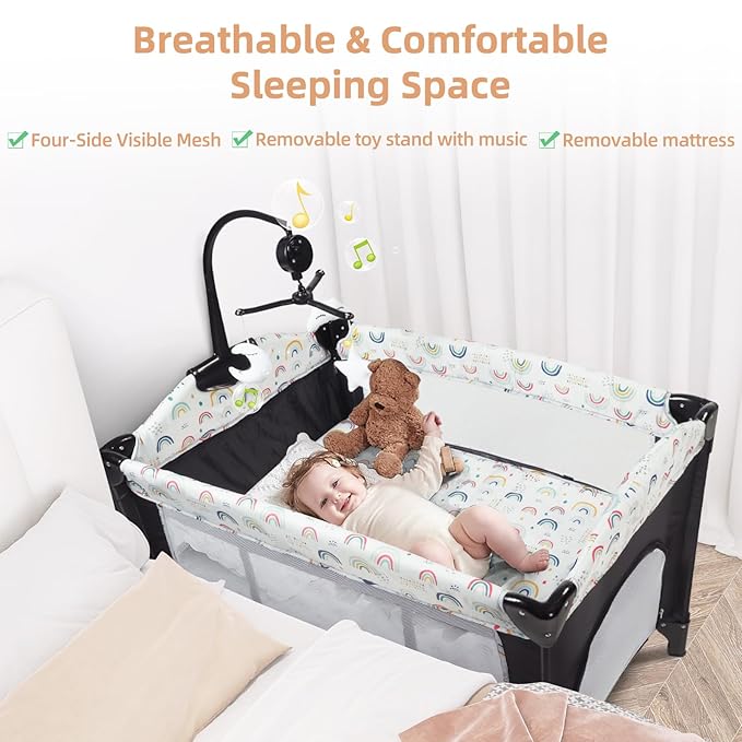 Kinder King 4 in 1 Portable Baby Playard, Foldable Baby Bedside Crib w/Bassinet, Infant Pack and Play Playard Toddler Large Playpen, Newborn Changing Table, Storage Basket,Multicolour