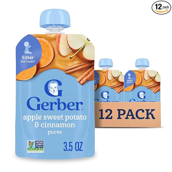 Gerber Stage 2 Baby Food, Apple Sweet Potato Cinnamon Puree Pouch, 2 Servings of Fruit & Veggie, No Added Sweetener, No Artificial Colors or Flavors, 12-Pack