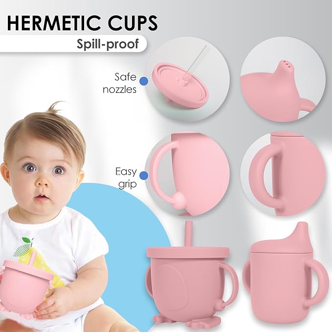 Bluet B- Silicone Baby Feeding Set With Pacifier - Led Weaning Supplies - Spoons, Suction Bowl, Plate - Utensils for First Foods - 11pcs - Pink