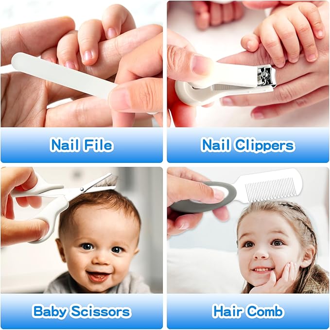 Baby Healthcare and Grooming Kit, 21 in 1 Portable Baby Essentials Kit with Gas Relief Hair Brush Comb Nasal Aspirator for Newborn Boys Girls (Grey White)