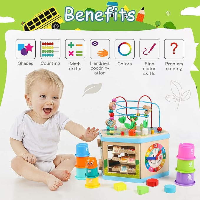 Wooden Activity Cube for 1 Year Old Kids, Educational Learning Bead Maze for Toddler Age 1-3, Developmental Montessori Toys for 12-36 Months Boys Girls Gift