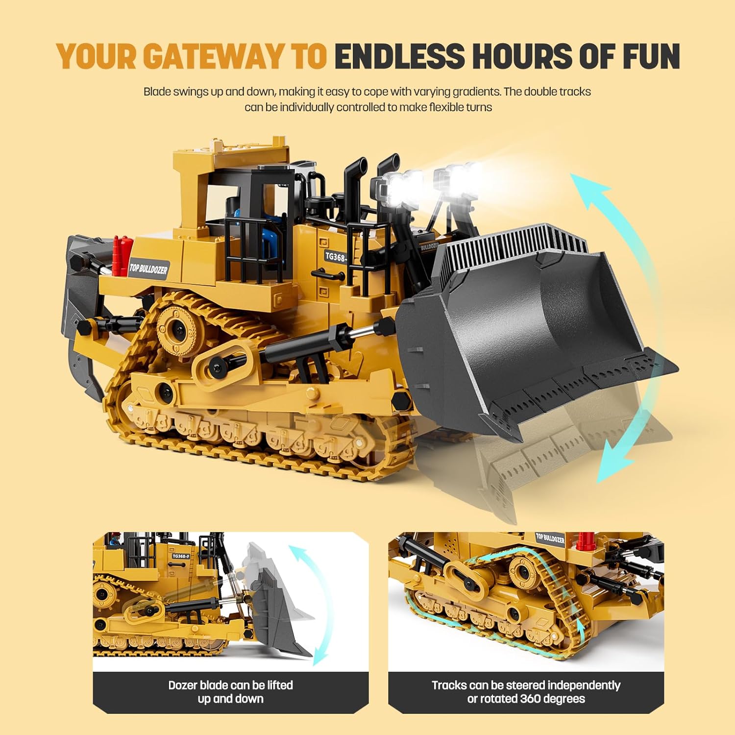 9-Channel Metal RC Bulldozer - Realistic Remote Control Kids Construction Play Toys with Lights and Sound, Track Type Tractor Toys for 3+ Boys, Perfect 2025 Kids Birthday Gift for Ages 3-12+