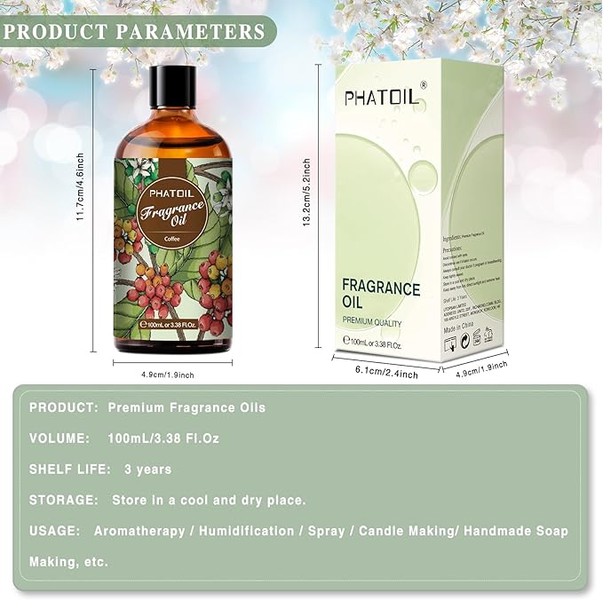PHATOIL 3.38FL.OZ Coffee Fragrance Oils for Aromatherapy, Essential Oils for Diffusers for Home, Perfect for Diffuser, DIY Candle and Soap Making, DIY Scented Products - 100ml