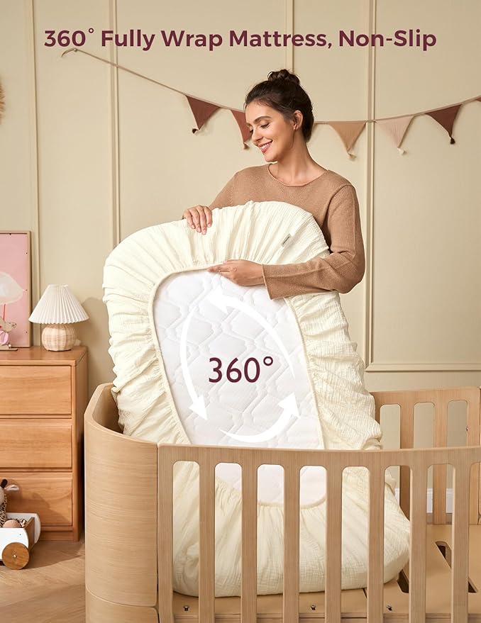 Momcozy Muslin Mini Crib Sheets Fitted - 38''x26'' Pack and Play Sheets for Pack N Play Mattress, 2 Pack Soft & Breathable Natural Cotton Non Slip Bed Cover for Boys, Girls, Bravery Giraffe