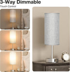 Grey Touch Nightstand Lamps for Girl - Small Bedside Lamp with USB-C and USB Charging Ports, 3 Way Dimmable Control Table Lamp for Living Room Office, Dorm, Reading with Fabric Shade Silver Base