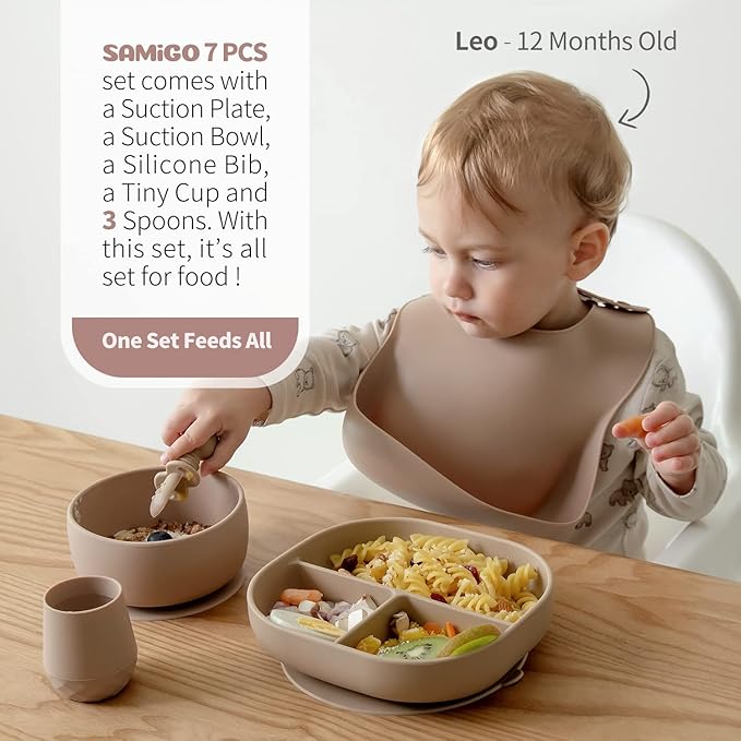 SAMiGO Silicone Baby Feeding Set, Baby Led Weaning Supplies, Suction Bowl Plate Bib Cup Self Feeding Spoons, Solid Food Eating Essentials, First Stage Utensils, 6+ Months