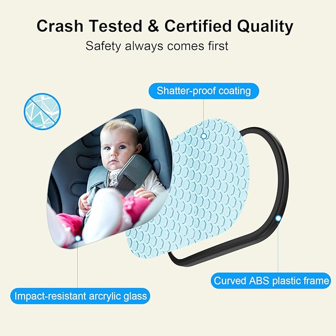Baby Car Mirror, Safety Car Seat Mirror for Rear Facing Infant, Clear Wide View, 360°Rotation, Easily Observe the Baby Move, Secure, Shatterproof, Crash Tested and Certified (2-Pack)