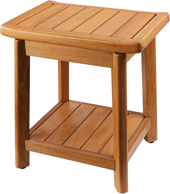 Teak Shower Bench-Solid Teak Wood Shower Chair with Storage Shelf, Stable Non-Slip Bathroom Stool for Elderly & Recovery, Heavy Duty Shower Seat for Inside Shower & Tub Safety 14 inch