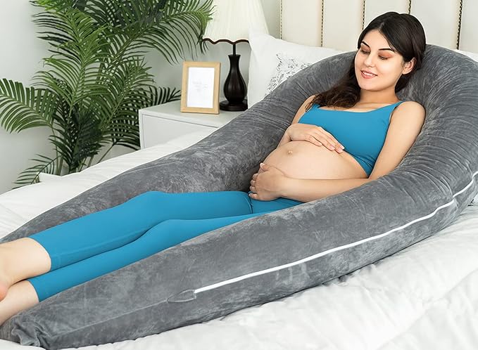 QUEEN ROSE Pregnancy Pillows for Sleeping, U Shaped Body Pillow for Pregnancy, 65 inch Maternity Pillow for Tall Pregnant Women with Gray Velvet Cover