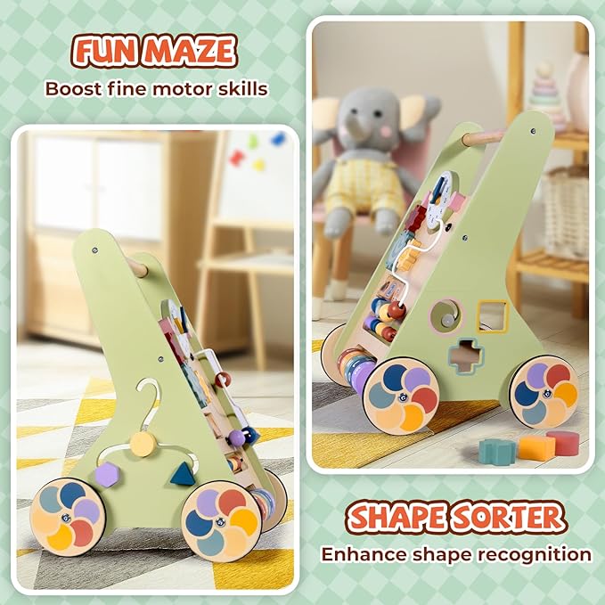 Wooden Baby Walker for 6-12 Months, Montessori Walker Push Toy for Toddlers Learning to Walk, Push Walker Baby Activity Center for Boys and Girls