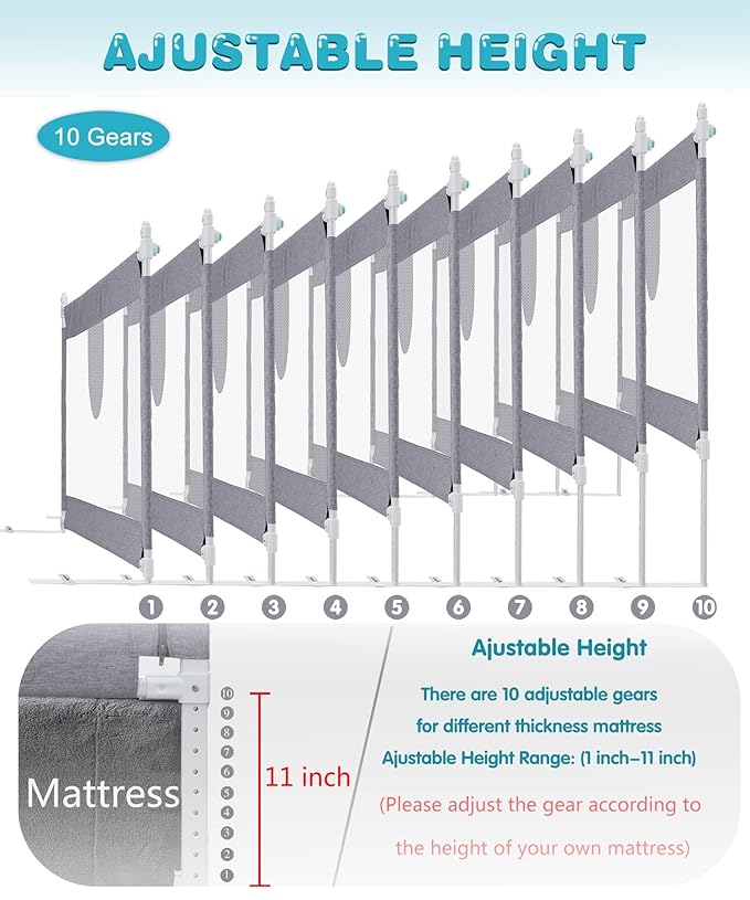 MBQMBSS 37" L x 26.5" H Bed Rail for Toddlers, Baby Bed Rails Guard for Kids Height Adjustable Sturdy Railing with Y-Strap Protective Bed - Fit for Side of Twin Full Queen, King Size (1 Side)