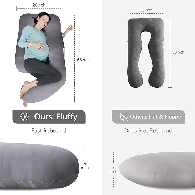 MOON PARK Pregnancy Pillows for Sleeping - U Shaped Full Body Maternity Pillow with Removable Cover - Support for Back, Legs, Belly, HIPS - 65 Inch - Dark Grey - Cooling Cover